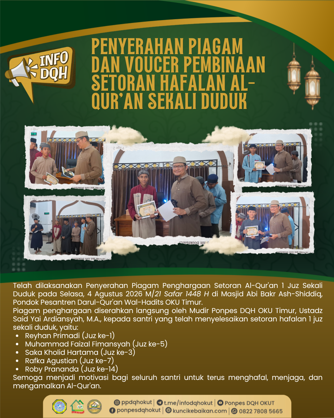 Penyerahan Piagam dan Voucer Setoran Hafalan Al-Qur'an